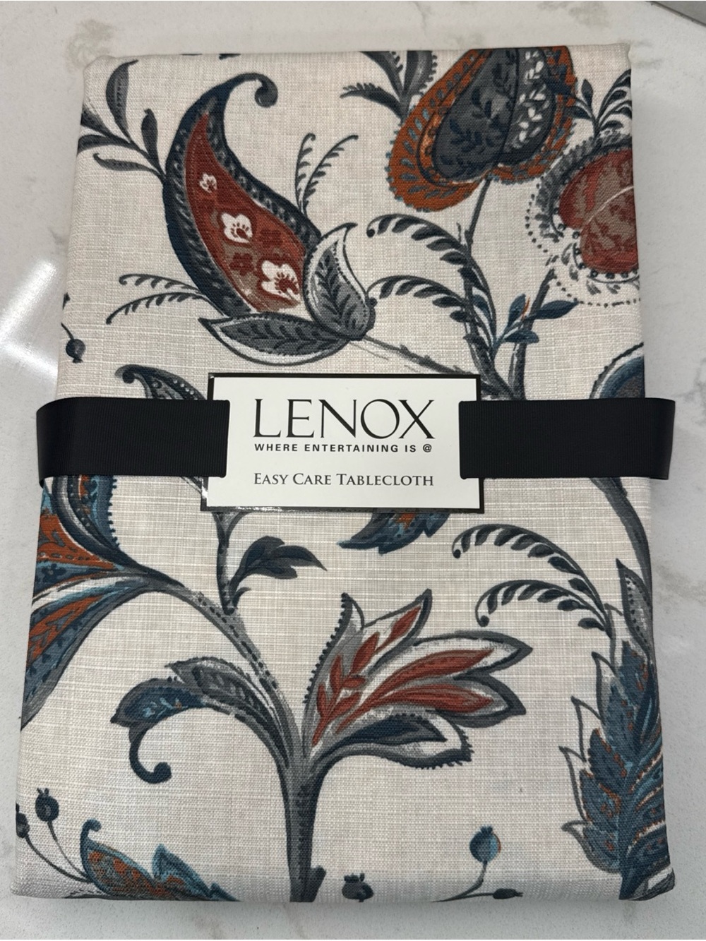 Lenox Paisley Floral Tablecloth in Cream, Blue & Rust easy care fabric 60”x120”
